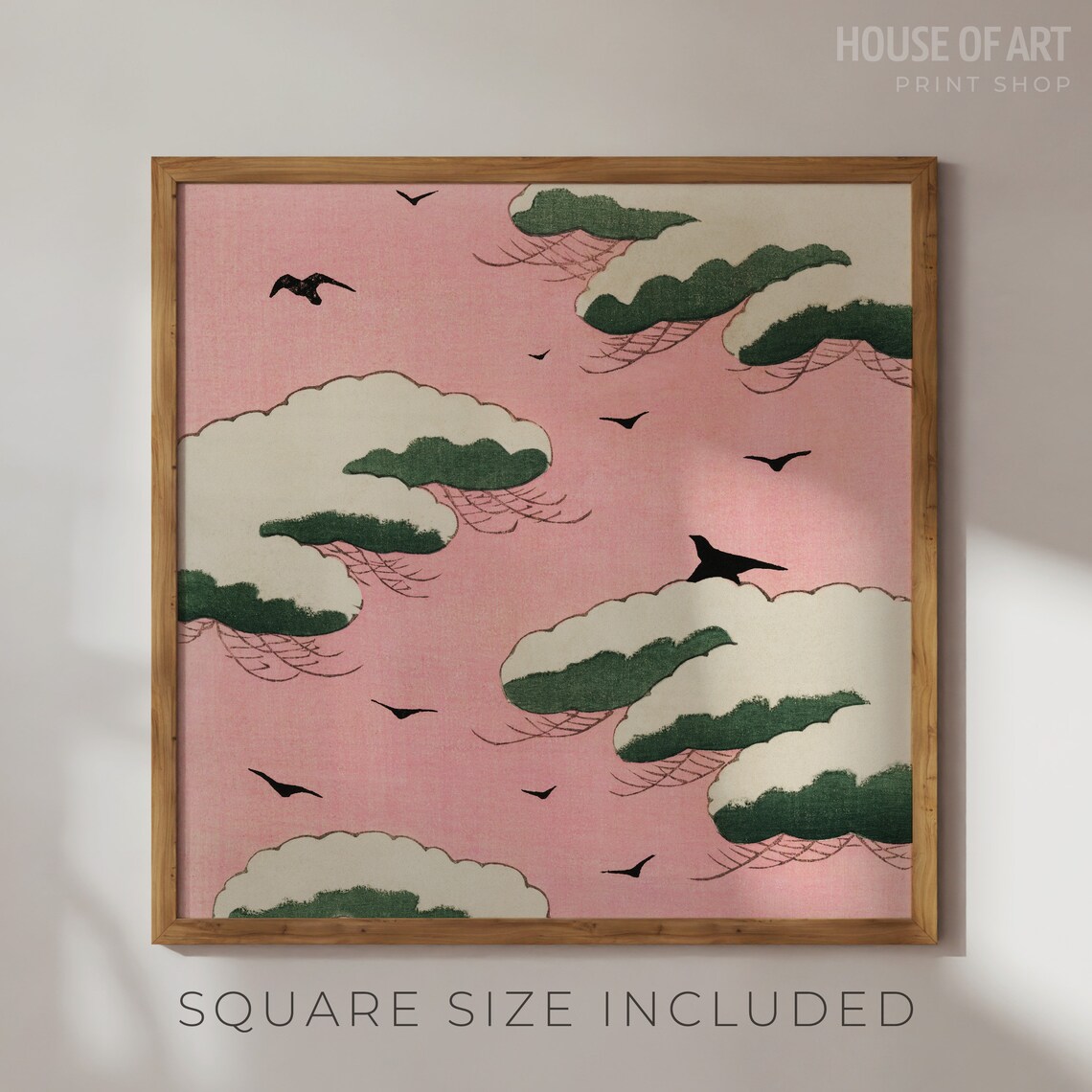 Vintage Japanese Pink Sky Clouds Flying Birds Retro Wall Art - Image 2
