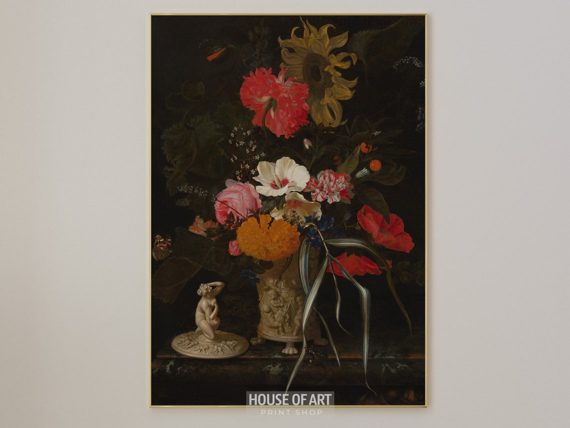 Baroque Flower Bouquet Sunflower Poppy Vase Dark Still Life Art Poster