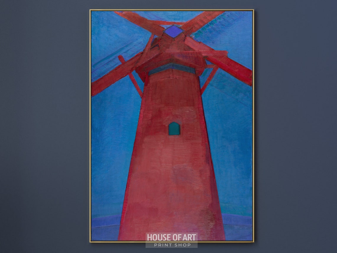 The Red Windmill Artwork Dutch Architecture Instant Print Saturated Colors Large Mill Oil Painting Blue Sky - Image 2