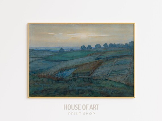 Dutch Landscape Artwork Rolling Fields Instant Print Tranquil Countryside Valley Panorama Watercolor Painting