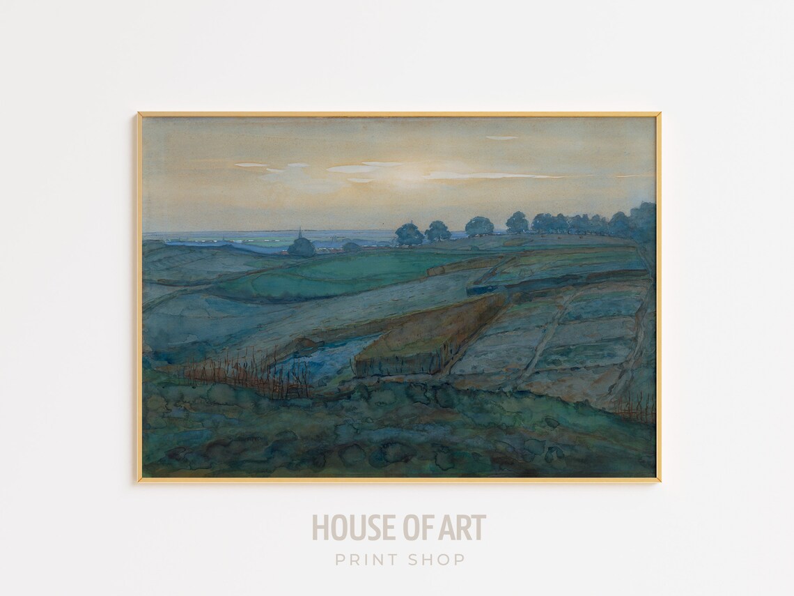 Dutch Landscape Artwork Rolling Fields Instant Print Tranquil Countryside Valley Panorama Watercolor Painting