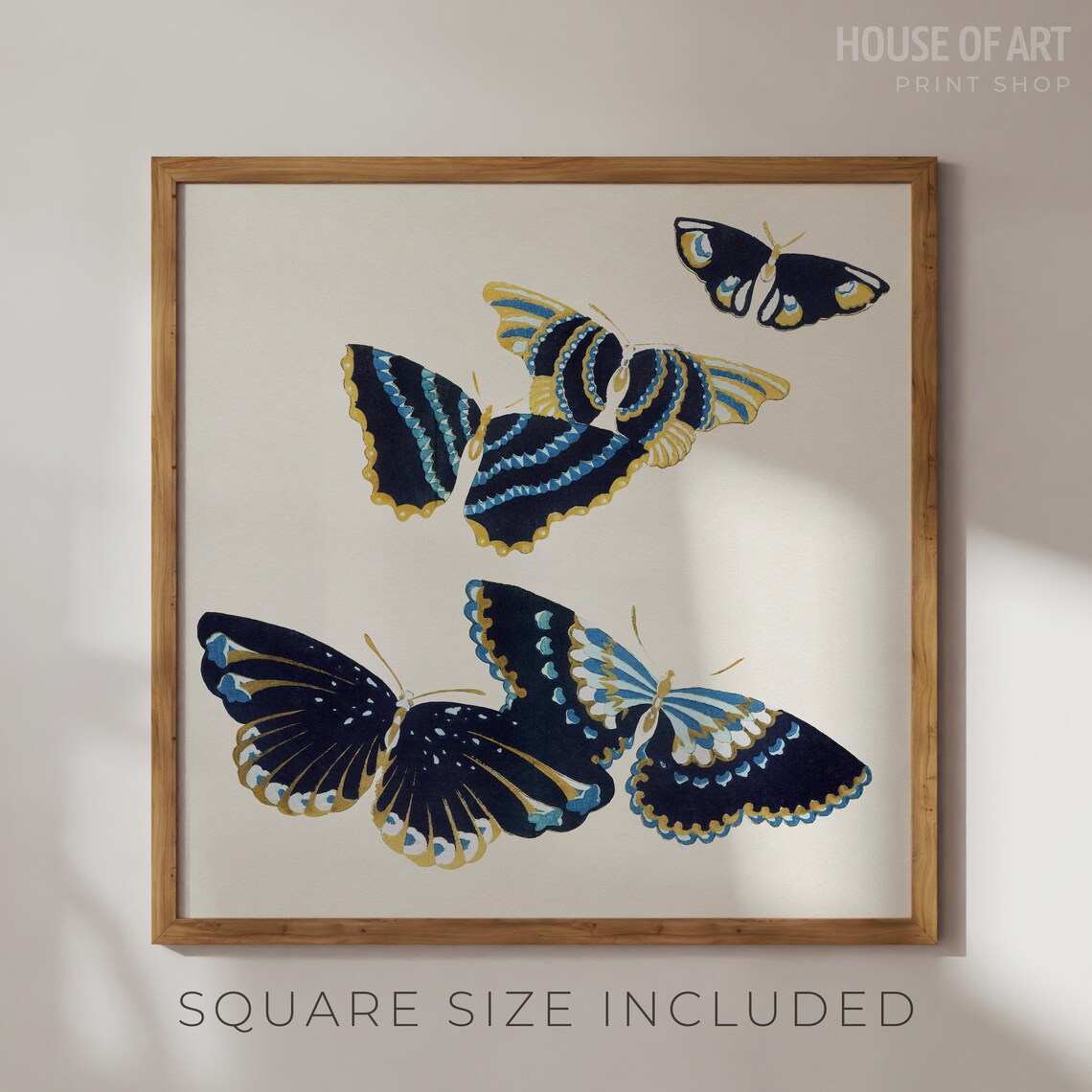 Dark Navy Butterflies Gold Accents Japanese Woodcut Art Poster - Image 2