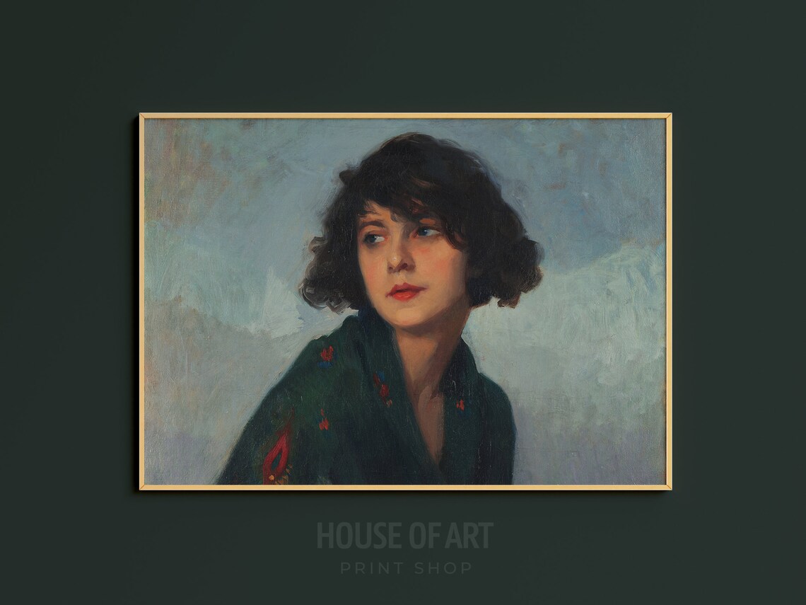 Moody Young Woman Portrait Dark Curly Hair Red Lips Classic Painting Print - Image 2