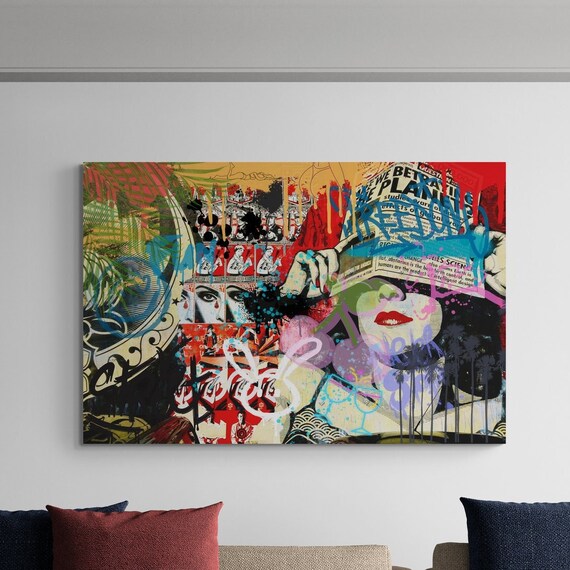 Urban Graffiti Mixed Media Canvas Woman Face Street Art Poster