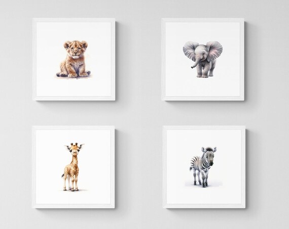 Safari Animal Nursery Art Print Set, Watercolor