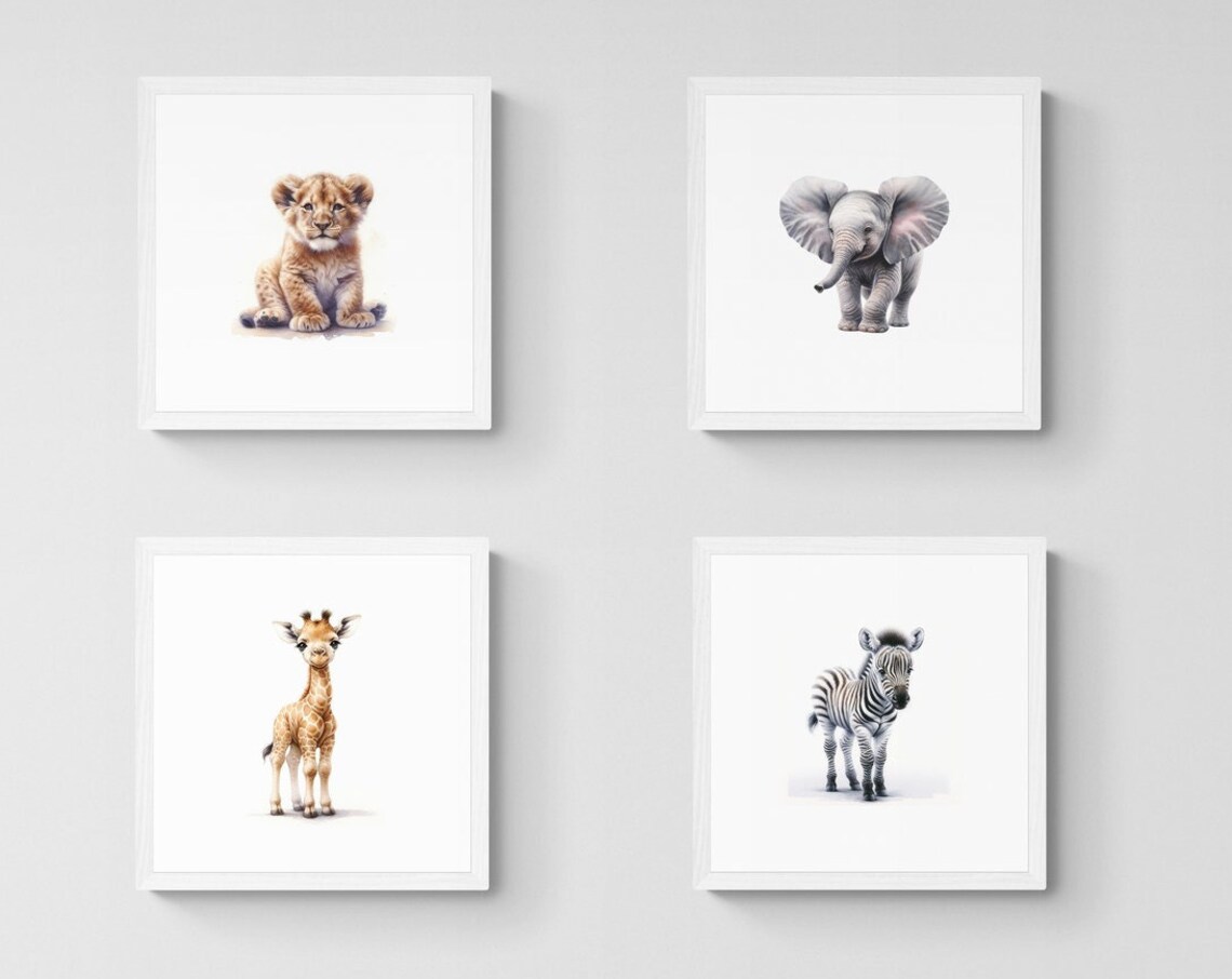 Safari Animal Nursery Art Print Set, Watercolor