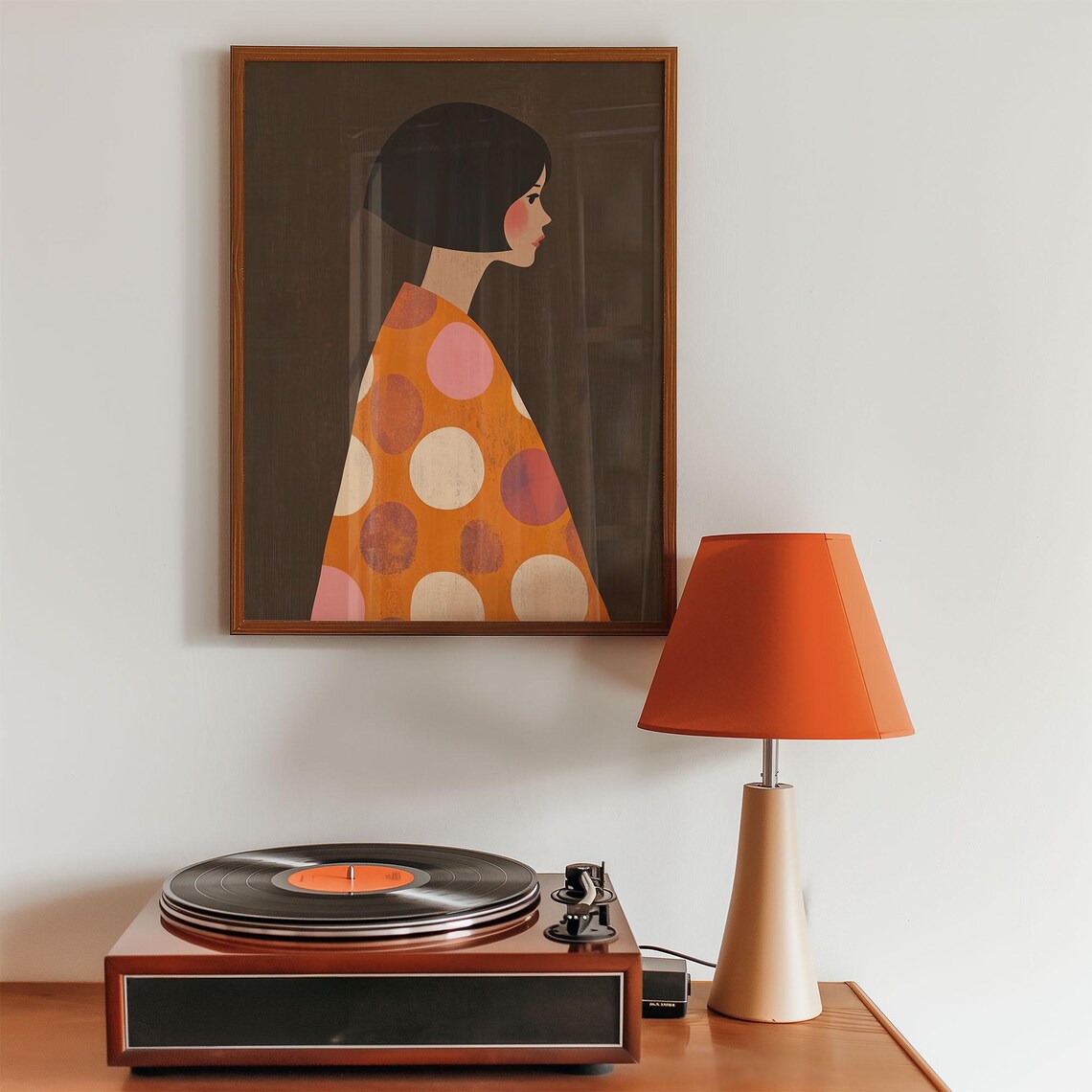 Woman Side Profile in Orange Polka Dot Dress Modern Art Print - Image 2