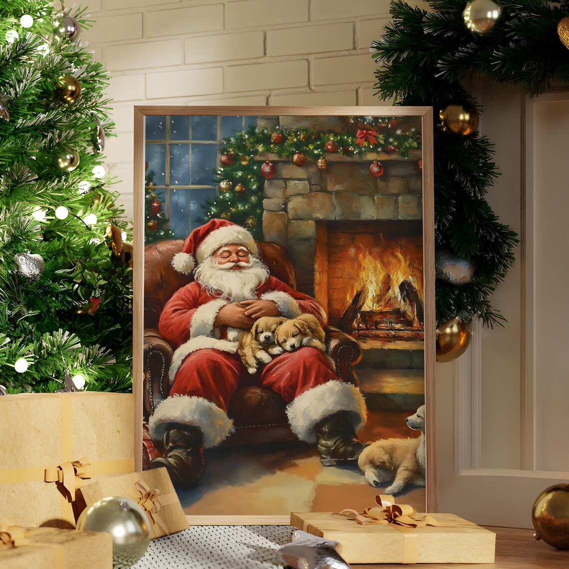 Sleeping Santa With Puppies By A Cozy Fireplace Christmas Scene Poster