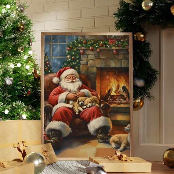 Sleeping Santa With Puppies By A Cozy Fireplace Christmas Scene Poster