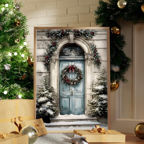 Blue Christmas Door With Wreath and Garland Snowy Porch Poster