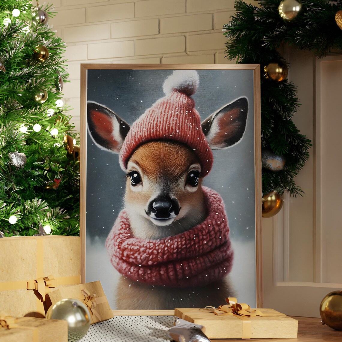 Baby Deer in Red Knit Hat and Scarf Snowy Christmas Fawn Art Poster
