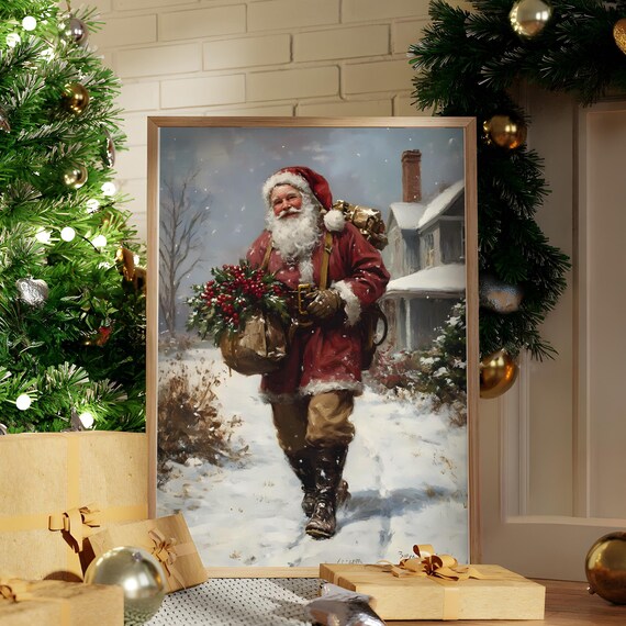 Santa Carrying Holly Through Snowy Village Vintage Christmas Art Poster