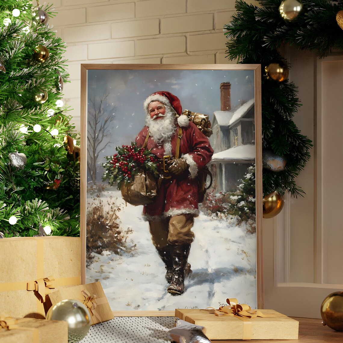 Santa Carrying Holly Through Snowy Village Vintage Christmas Art Poster