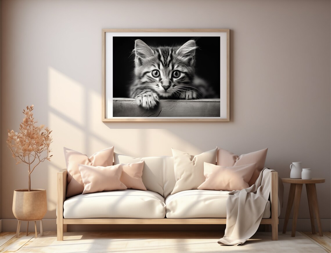 Curious Tabby Kitten Peeking Portrait Black And White Photo Poster - Image 2