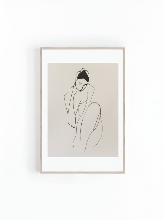 Seated Female Figure Minimalist Black Line Drawing Art Poster