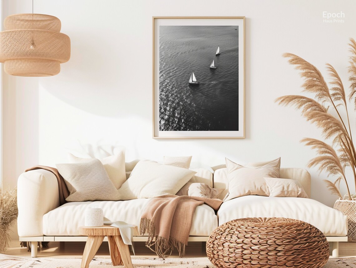 Sailing Boats in Black and White, Minimalist Art Print - Image 2