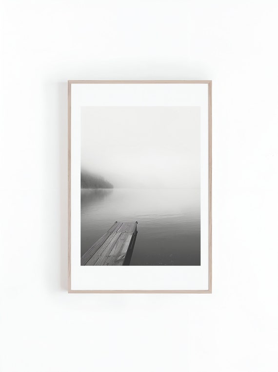 Boat Dock on Lake, Black and White Art Print
