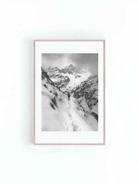 Photo Of Hiker On Snowy Mountain Ranges Black And White Beautiful Landscape Photo Minimalist Wall Art Print Instant