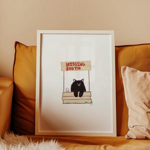Funny Cat Wall Art Hissing Booth Black Illustration Print Quirky Lover Gift Cute Decor For Home Or Office