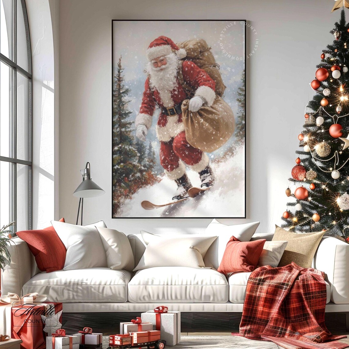 Vintage Santa On Skis Poster Print, Rustic Christmas