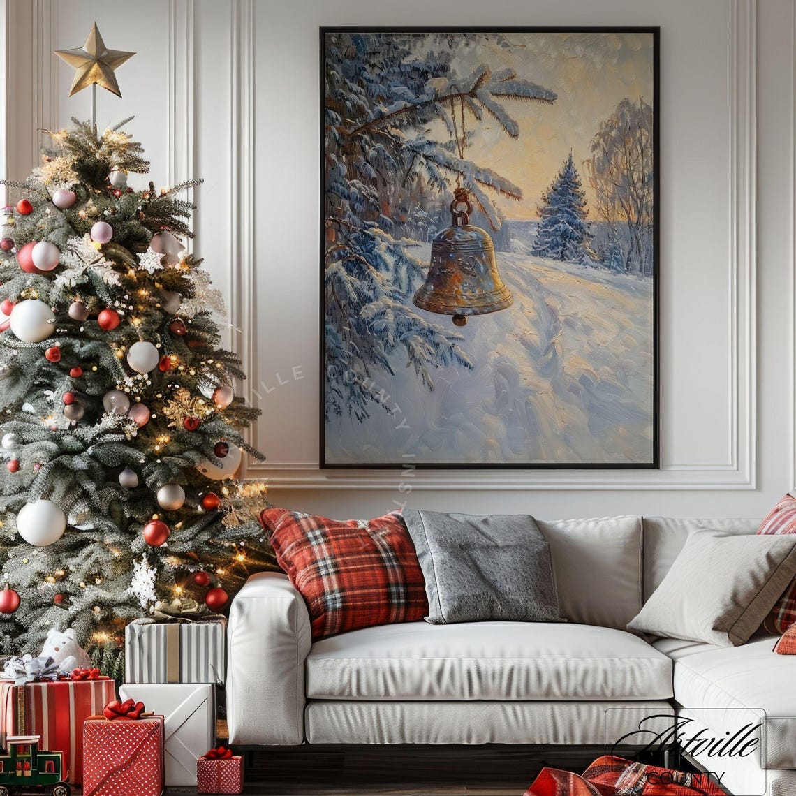 Antique Bell Hanging in Snowy Forest Sunset Christmas Poster - Image 3
