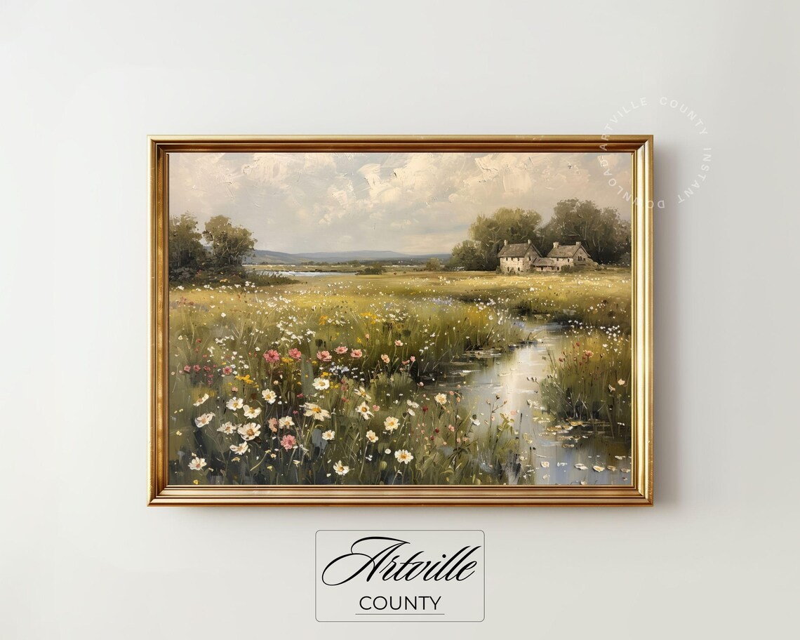 Wildflower Field Landscape Painting, Vintage Cottagecore - Image 2