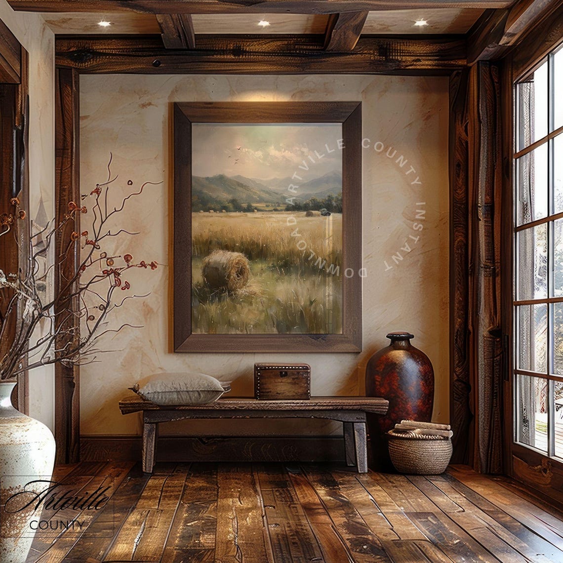 Hay Field Oil Painting Farmhouse Wall Art Vintage Tractor Print Art Countryside Landscape Painting Instant - Image 4