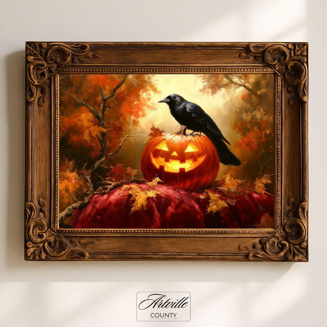 Black Crow On Jack O Lantern Autumn Halloween Vintage Wall Art