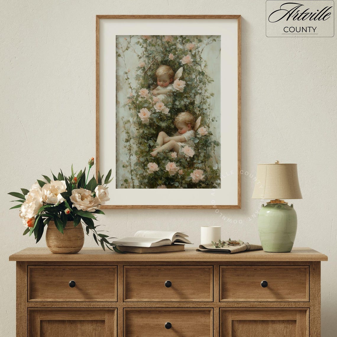 Sleeping Baby Angels Among Pink Roses Vintage Nursery Poster - Image 3