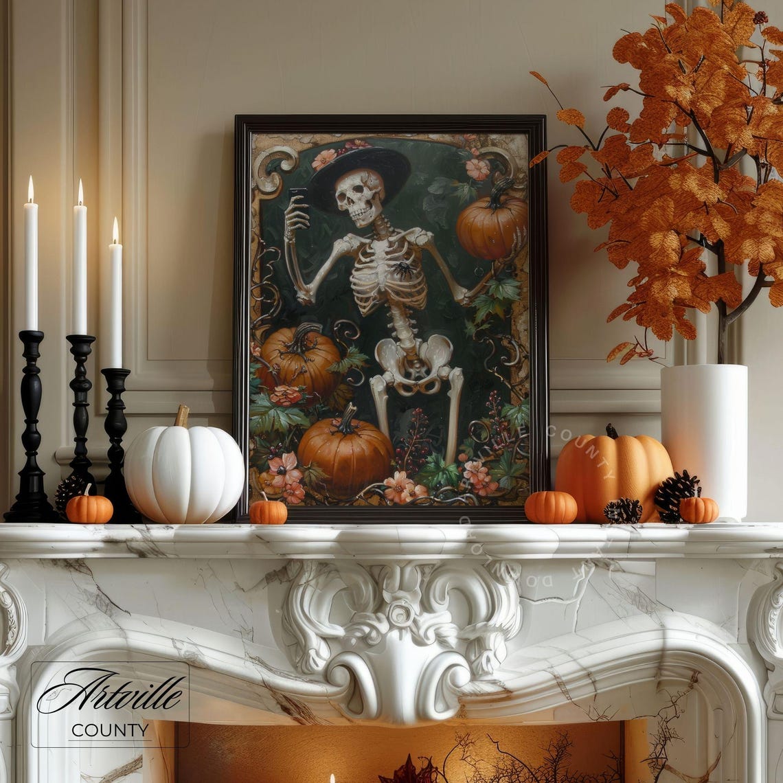 Skeleton Witch Taking Selfie Among Pumpkins Dark Floral Poster - Image 5
