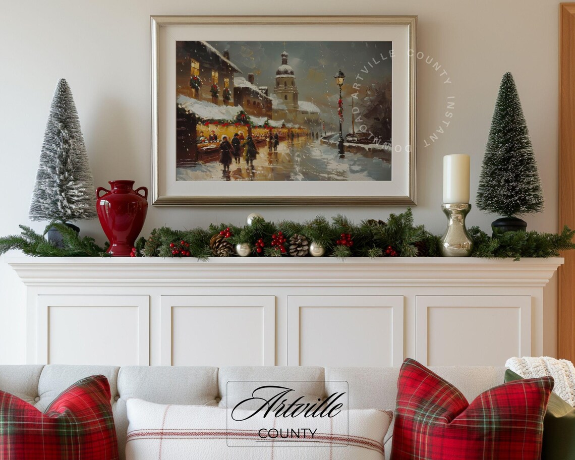 Snowy European Christmas Market with Church Winter Scene Poster - Image 5