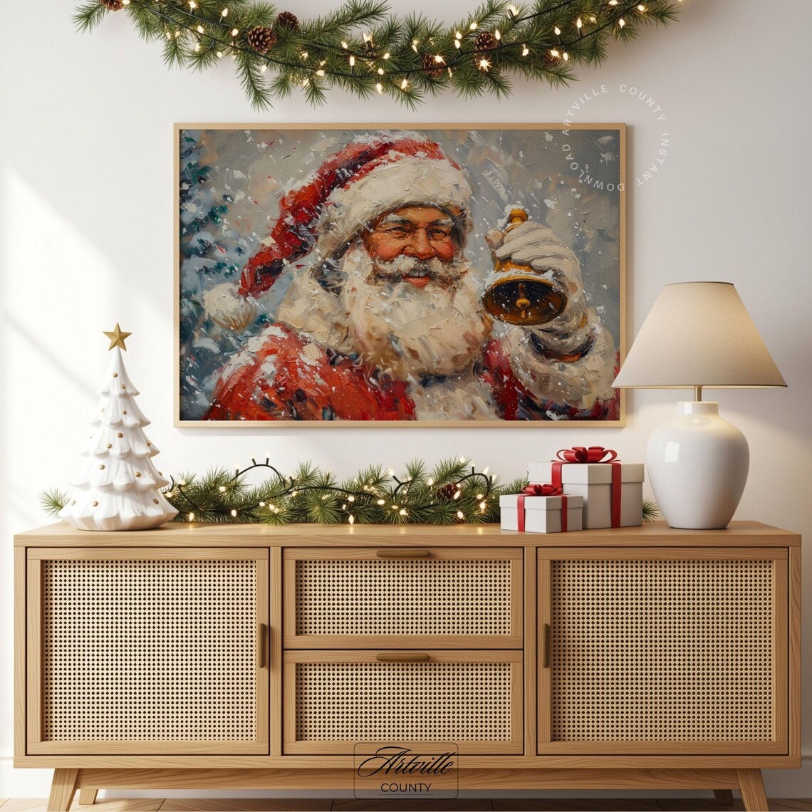 Vintage Santa Portrait Art Print, Rustic Christmas