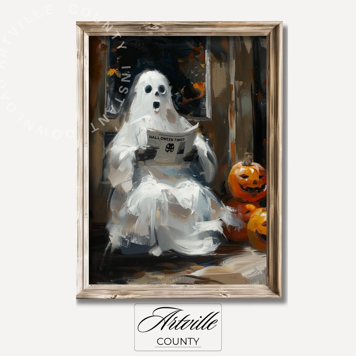 Ghost Reading Spooky News Halloween Pumpkin Bench Gothic Poster - Image 4