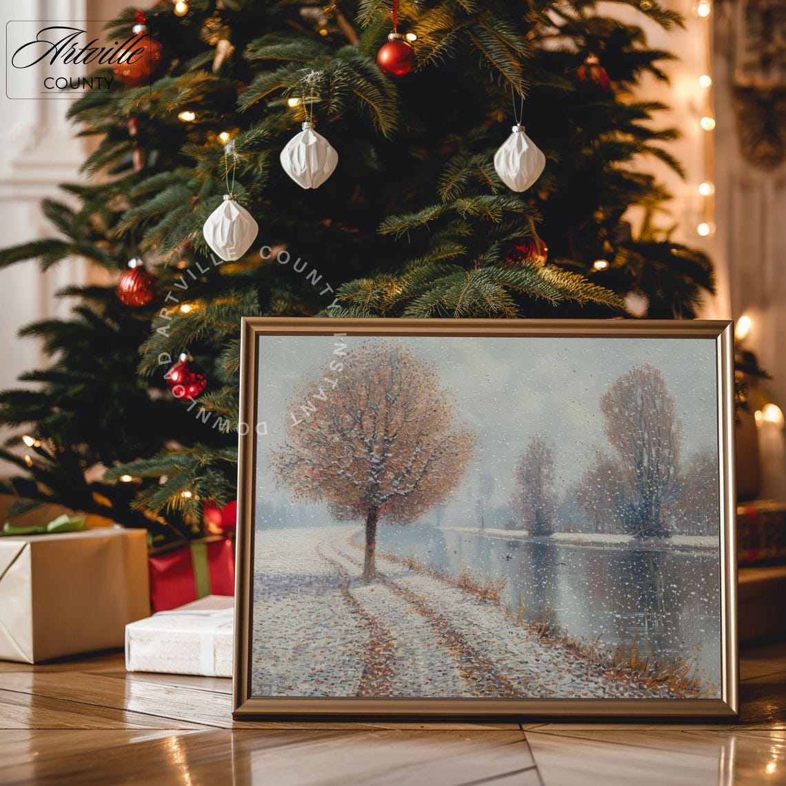 First Snow Dusting Autumn Trees River Mist Neutral Winter Scene Poster - Image 3