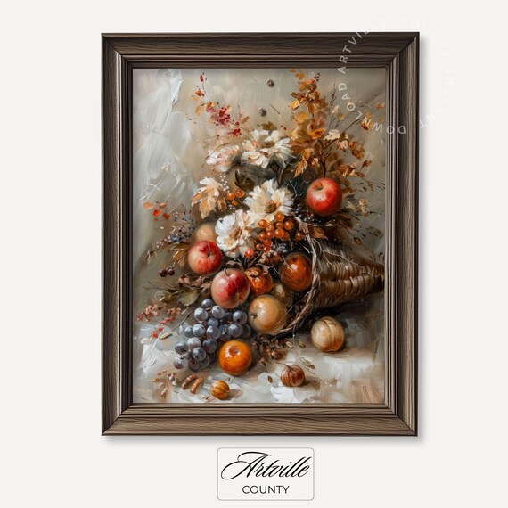 Vintage Fall Cornucopia Painting Autumn Harvest Print Thanksgiving Pumpkin Wall Art Country Decor