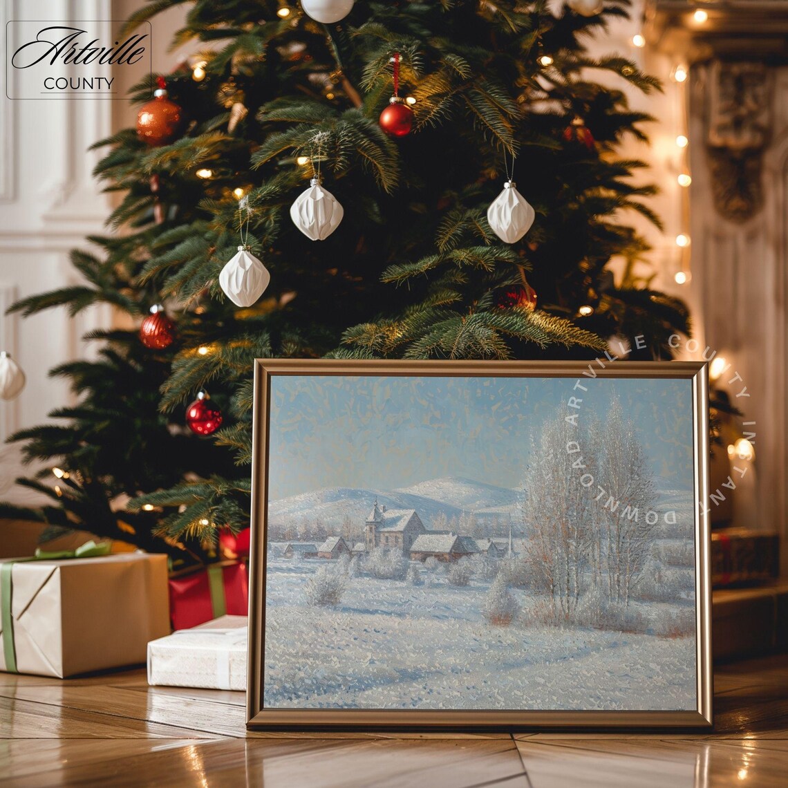 Snow Covered Village Church in Frosted Winter Landscape Poster - Image 2