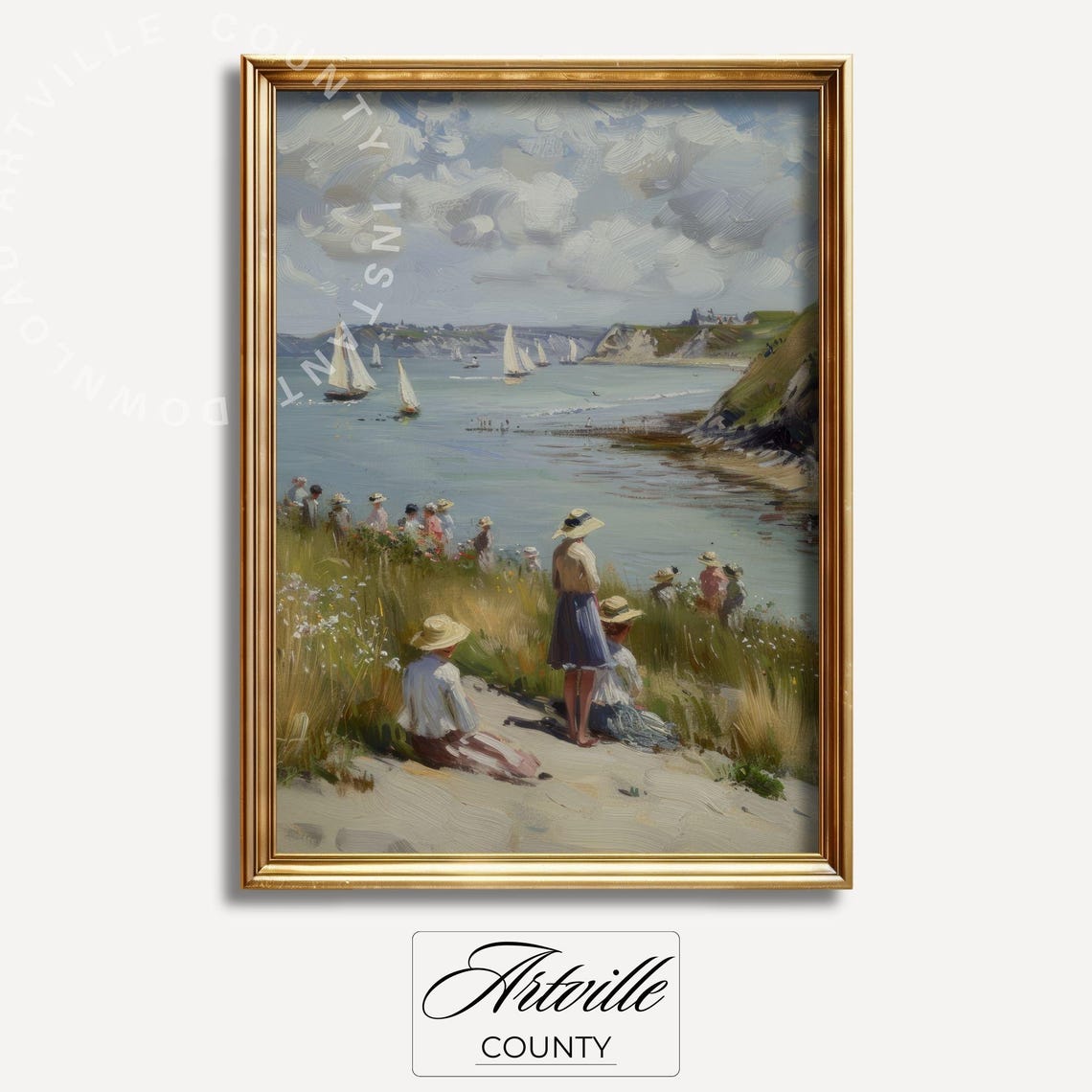 Vintage Regatta Sailboats Seaside Cliff Crowd Impressionist Poster - Image 2