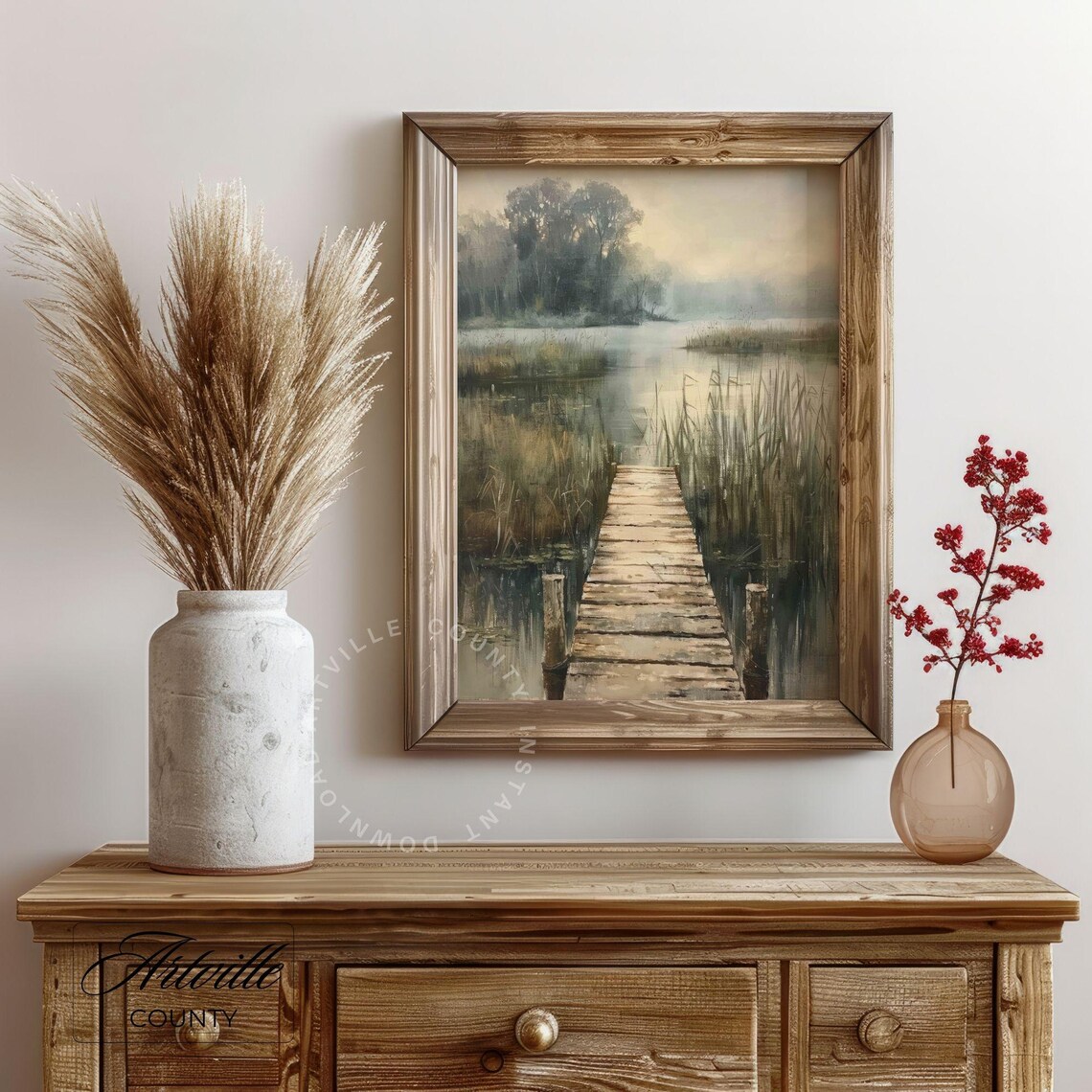Fishing Pier Oil Painting, Vintage Farmhouse Landscape Print - Image 4