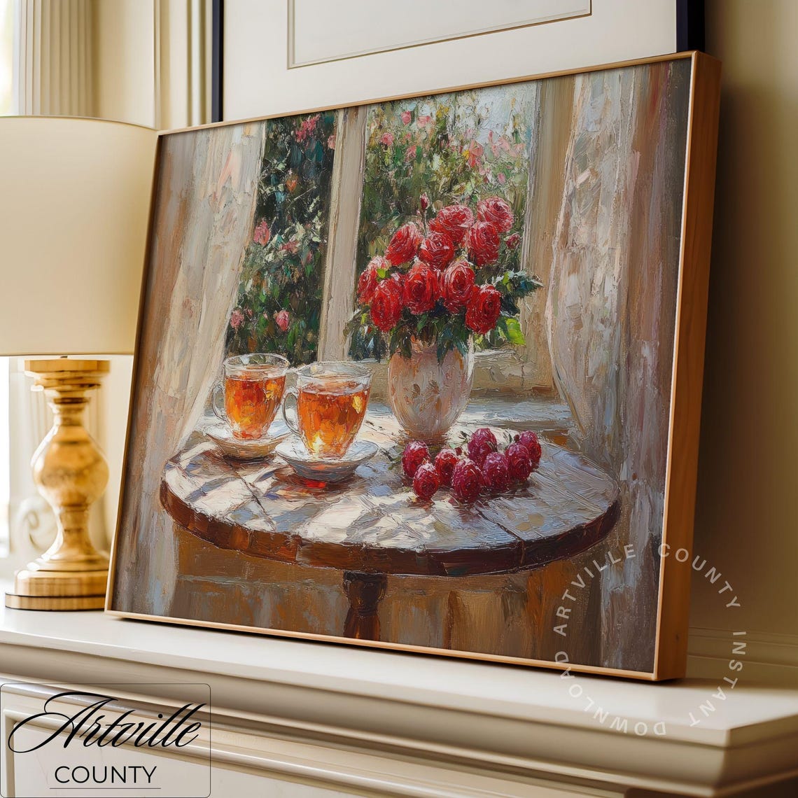 Tea Roses Raspberries Sunlit Window Vintage Still Life Poster - Image 3