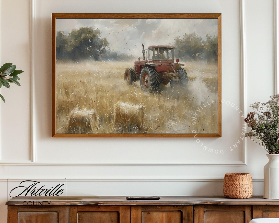 Vintage Tractor In Field Painting Farmhouse Wall Art Farm Wall Art Countryside Field Print Farming Scene Art Print - Image 4
