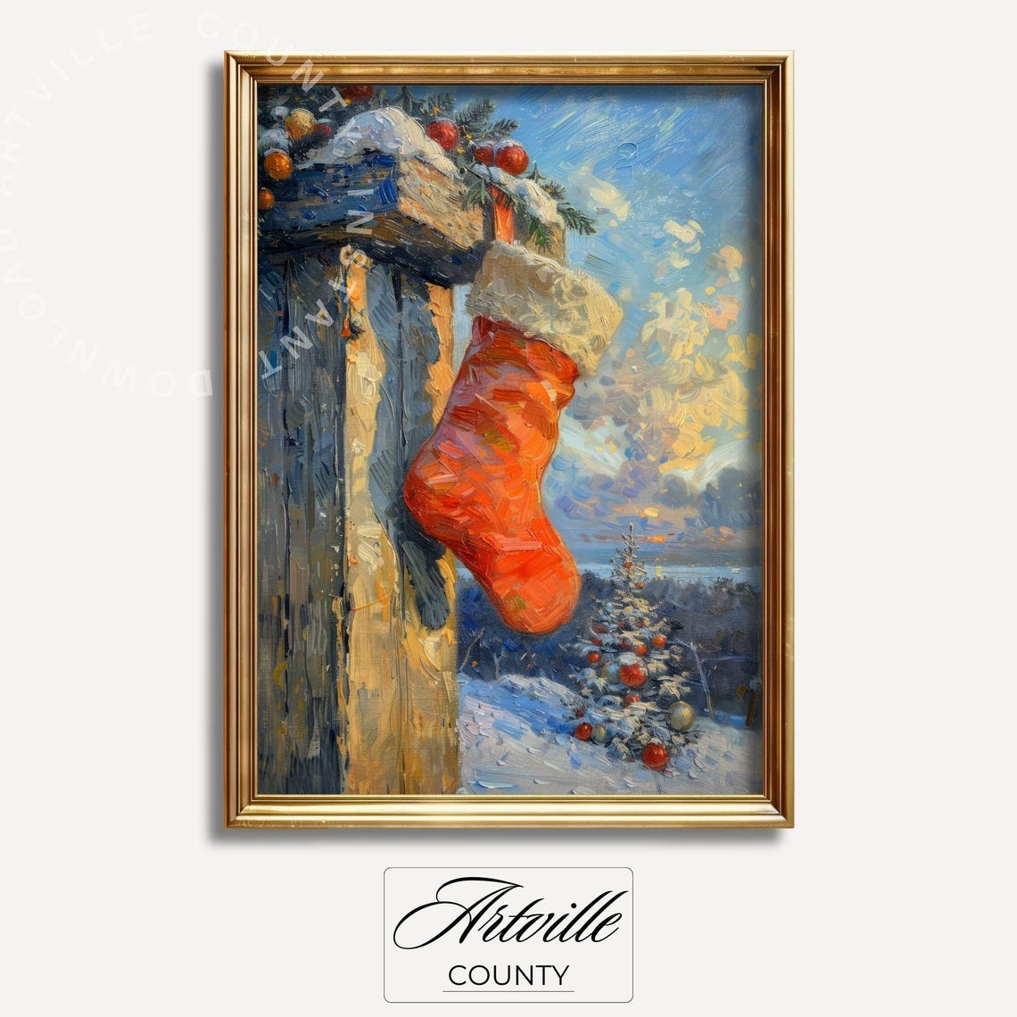Red Christmas Stocking Hanging On Snowy Porch Holiday Poster - Image 2