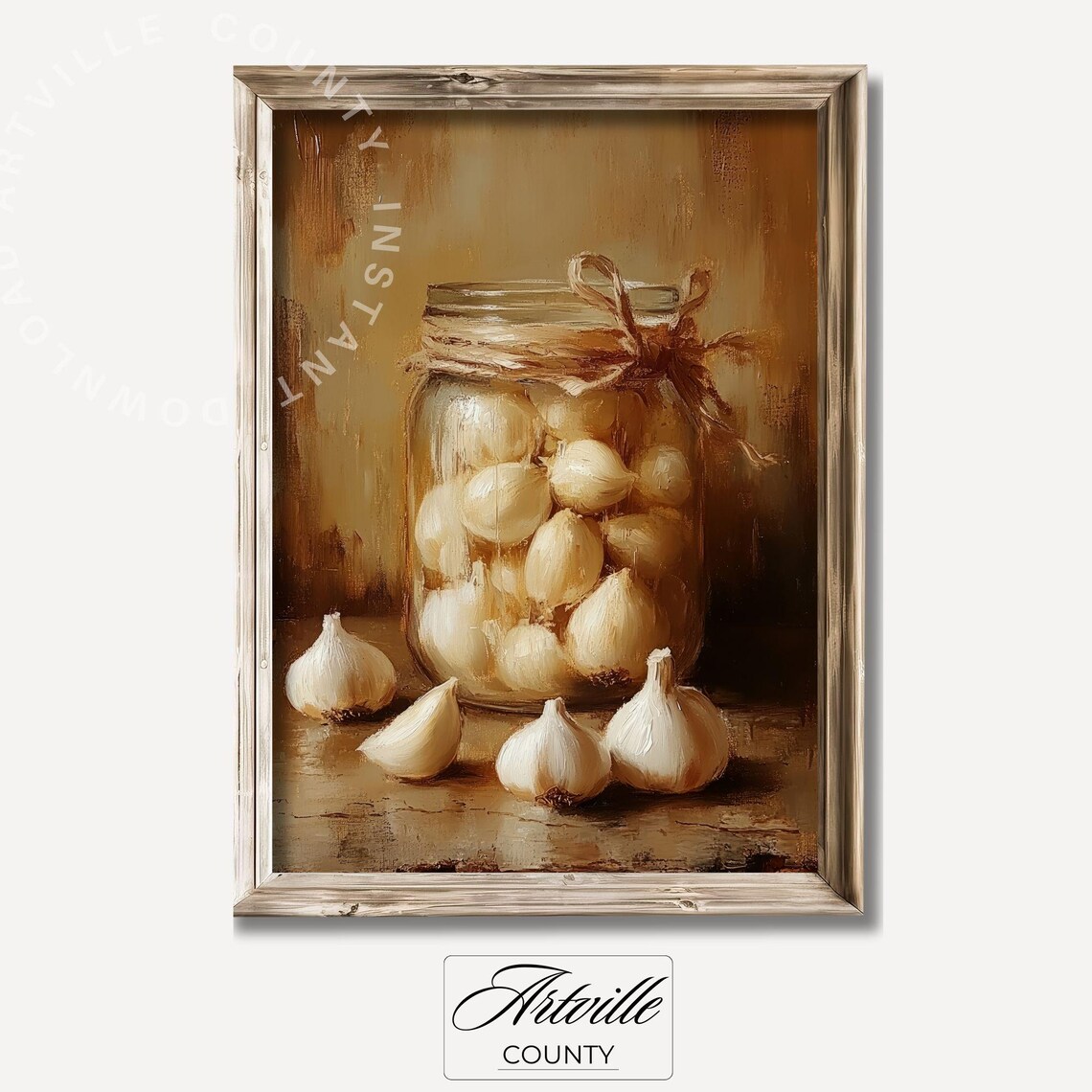 Vintage Garlic In Jar Art Print, Cottage Kitchen