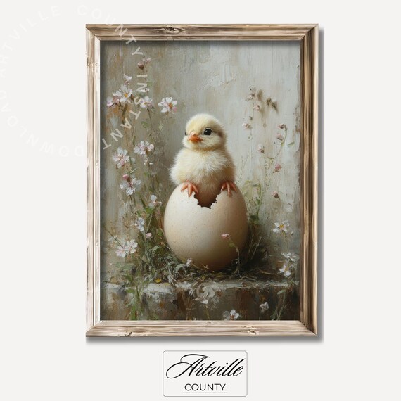 Baby Chick Hatching Egg Wildflowers Rustic Oil Painting Nursery Poster