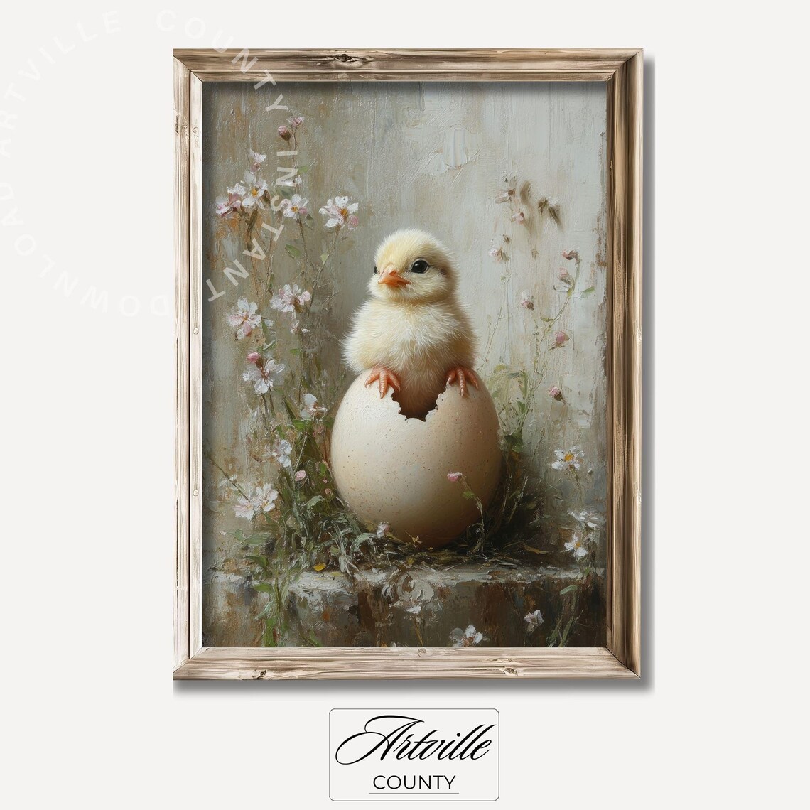 Baby Chick Hatching Egg Wildflowers Rustic Oil Painting Nursery Poster