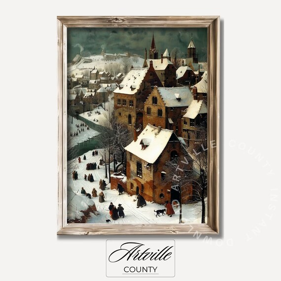 Snowy Medieval Village Street Scene Vintage Winter Wall Poster