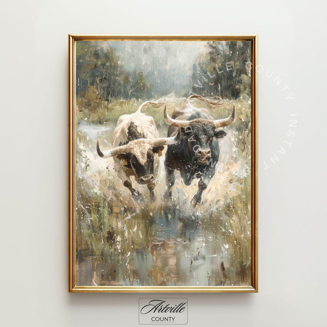 Two Charging Bulls Running Through A River Western Wall Poster - Image 2