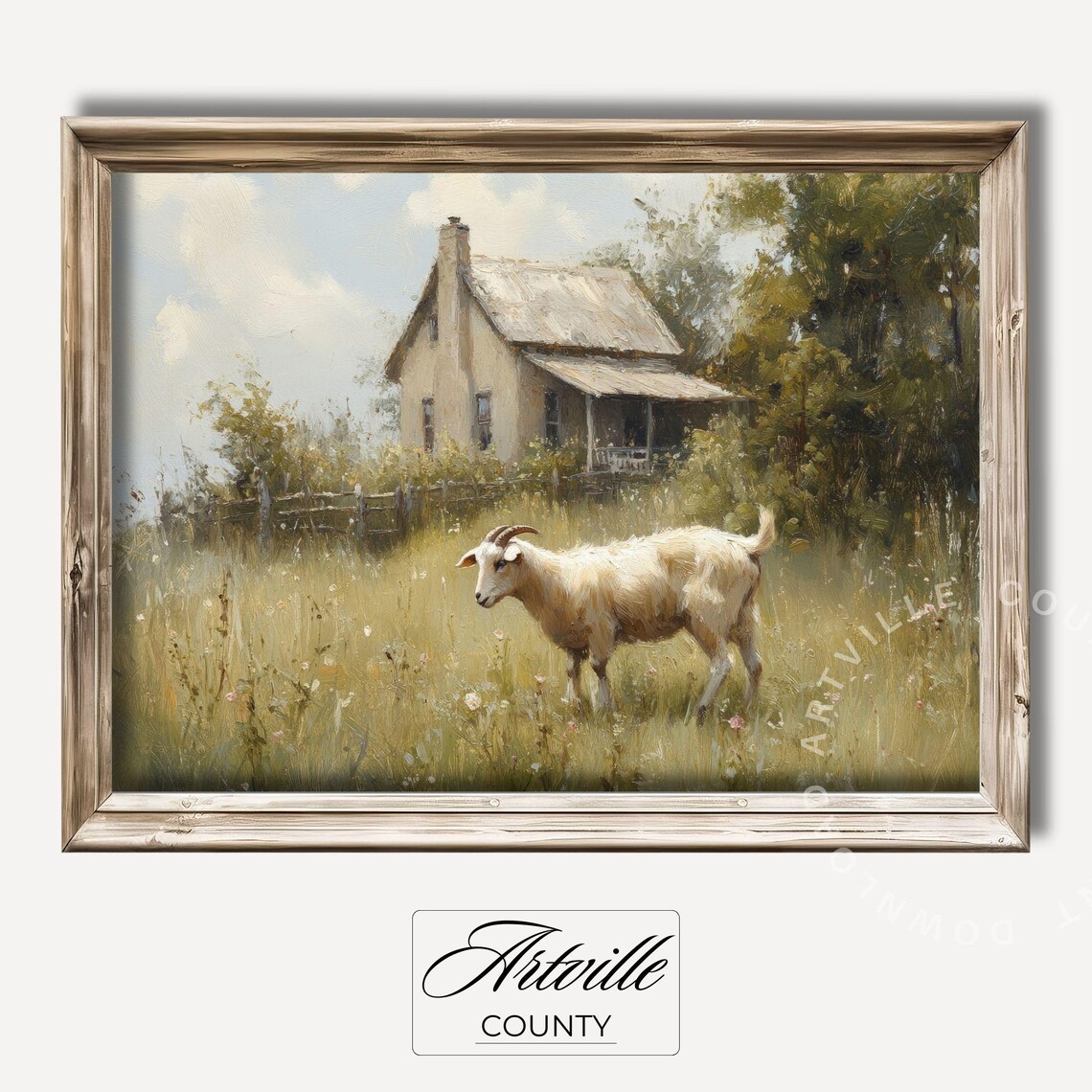 White Goat Rustic Stone Cottage Pastoral Oil Painting Country Poster