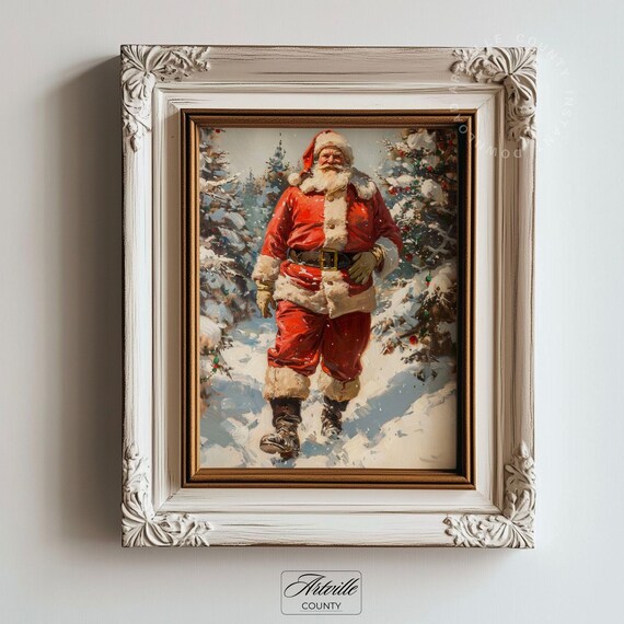 Vintage Santa Claus Walking Through Snowy Forest Classic Christmas Poster