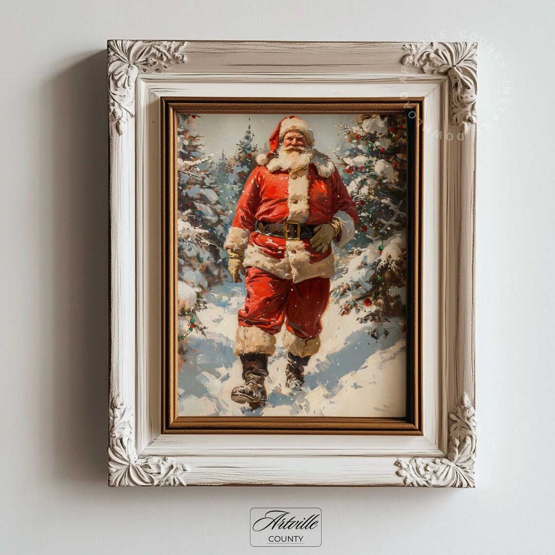 Vintage Santa Claus Walking Through Snowy Forest Classic Christmas Poster