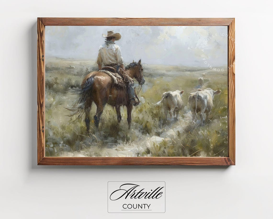 Cowboy Herding Cattle On Horseback Vintage Western Wall Poster - Image 2